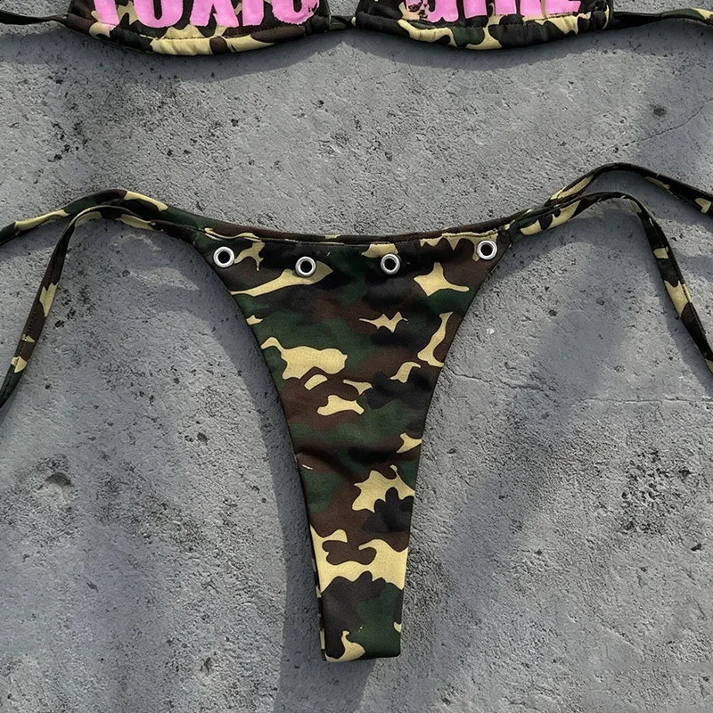 Womens Triangle Bikini Set Camouflage Print Sexy Y2K Micro Bikini Swimwear Summer Beach Vacation Party Bathing Suit For Female 260622CJ - view 7