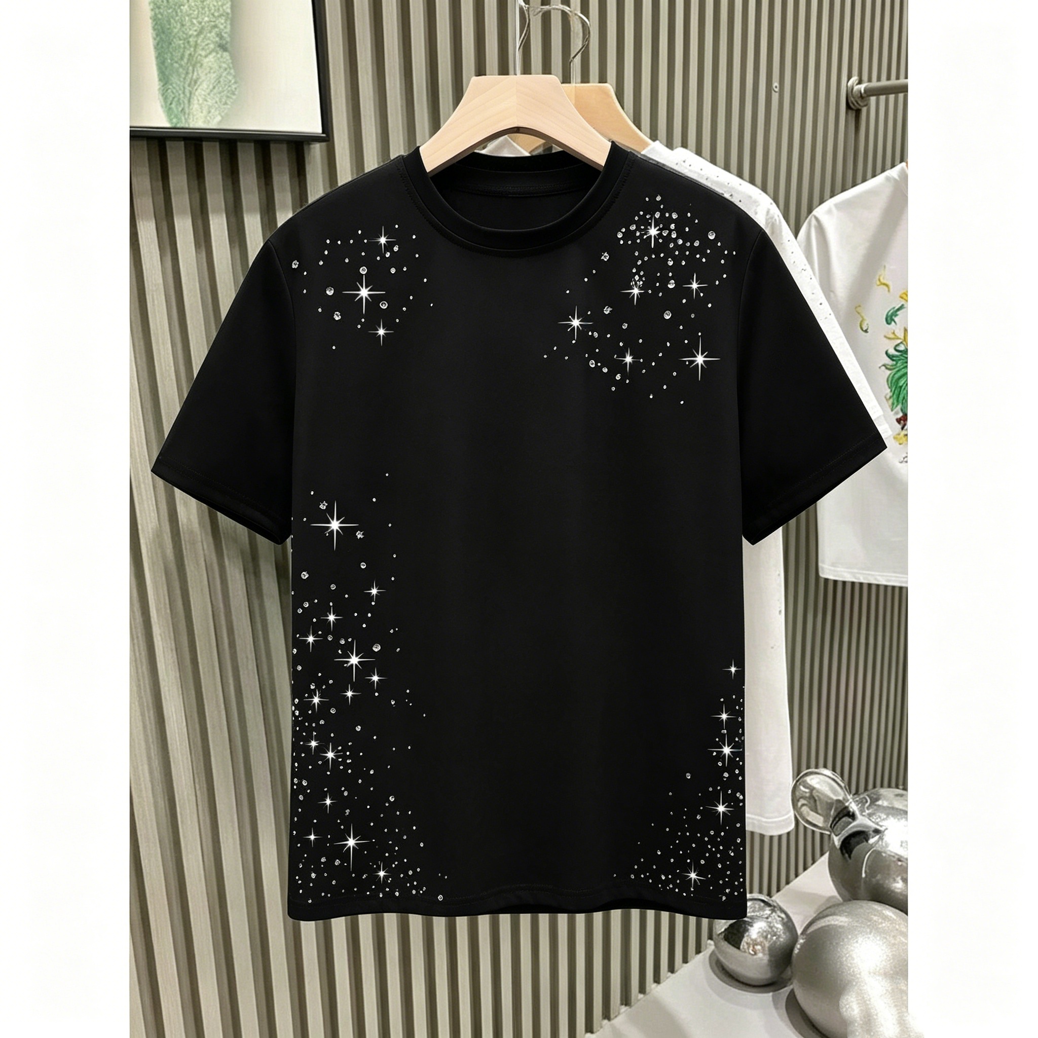 Men's T Shirts Starry Sky New Trendy Rhinestone Studded Short Sleeve T Shirts Men Oversized Loose Fit Casual Basic Unisex Couple Tops