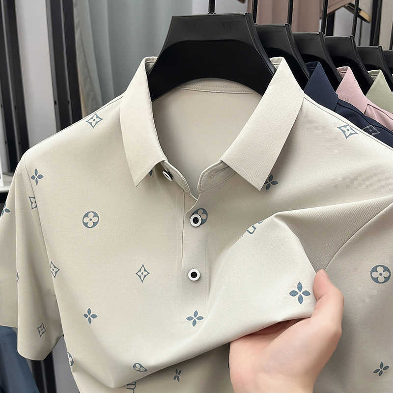 Summer new men's ice silk short-sleeve polo shirt with high-quality collar business casual print and seamless T-shirt for men