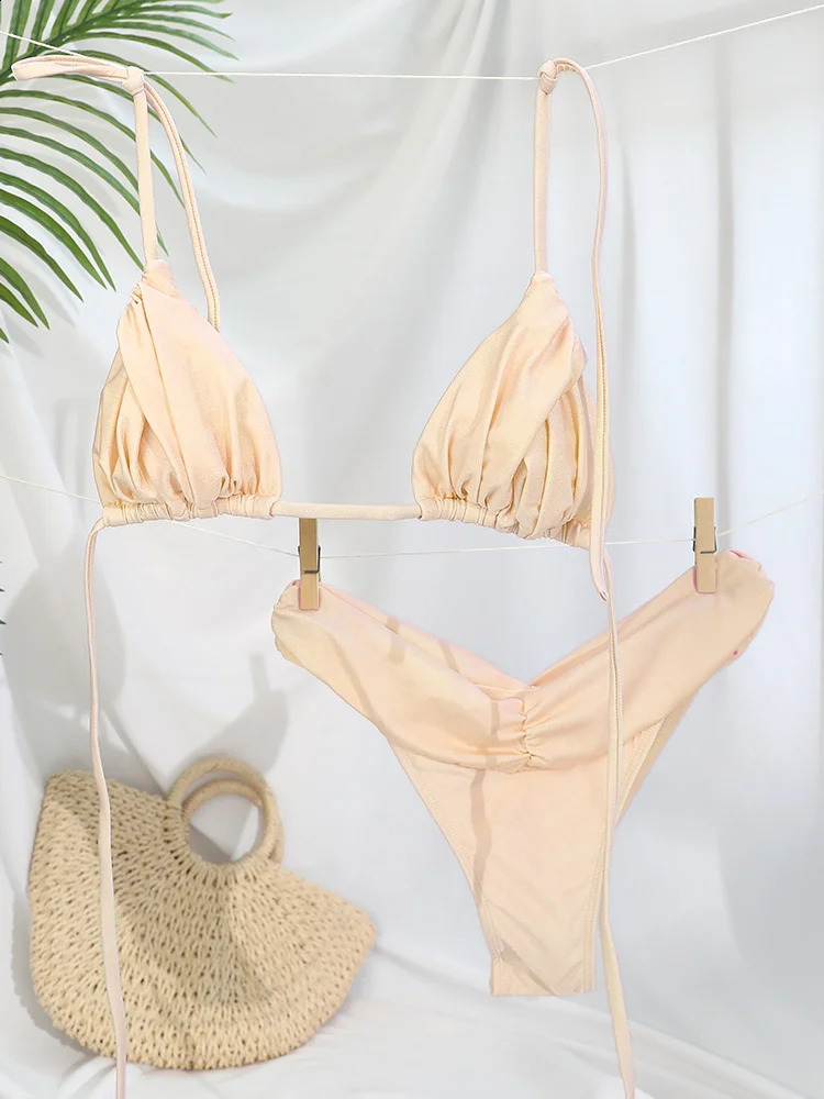 Sexy Folds Bikini Set Solid Micro Bikinis Women Swimsuit Female Triangle Swimwear Beach Wear Bathing Suit 260622CJ - view 6