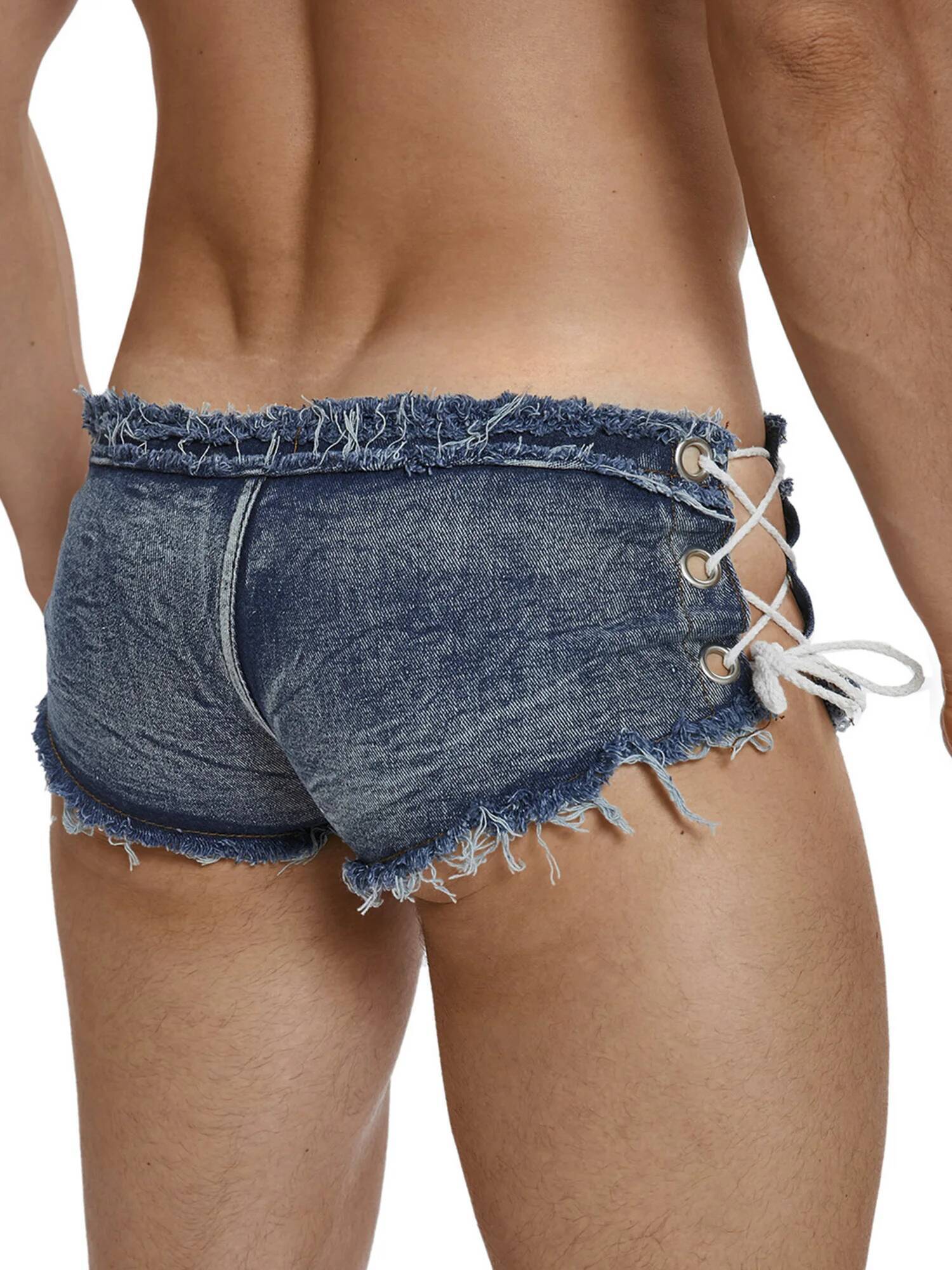 Men's Low Rise Extra Short Hot Pants Raw Edge Ripped Denim with Sides Lace-up Booty Jeans Shorts for Rave Party Clubwear dongdumaoyi - view 6