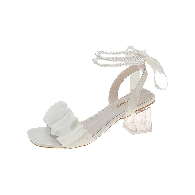 Summer Womens Sandals Wedding Shoes Low Heels Rhinestone White Pearl Flowers Ankle Buckle Block Heel Ladies Pumps Size 43 240701