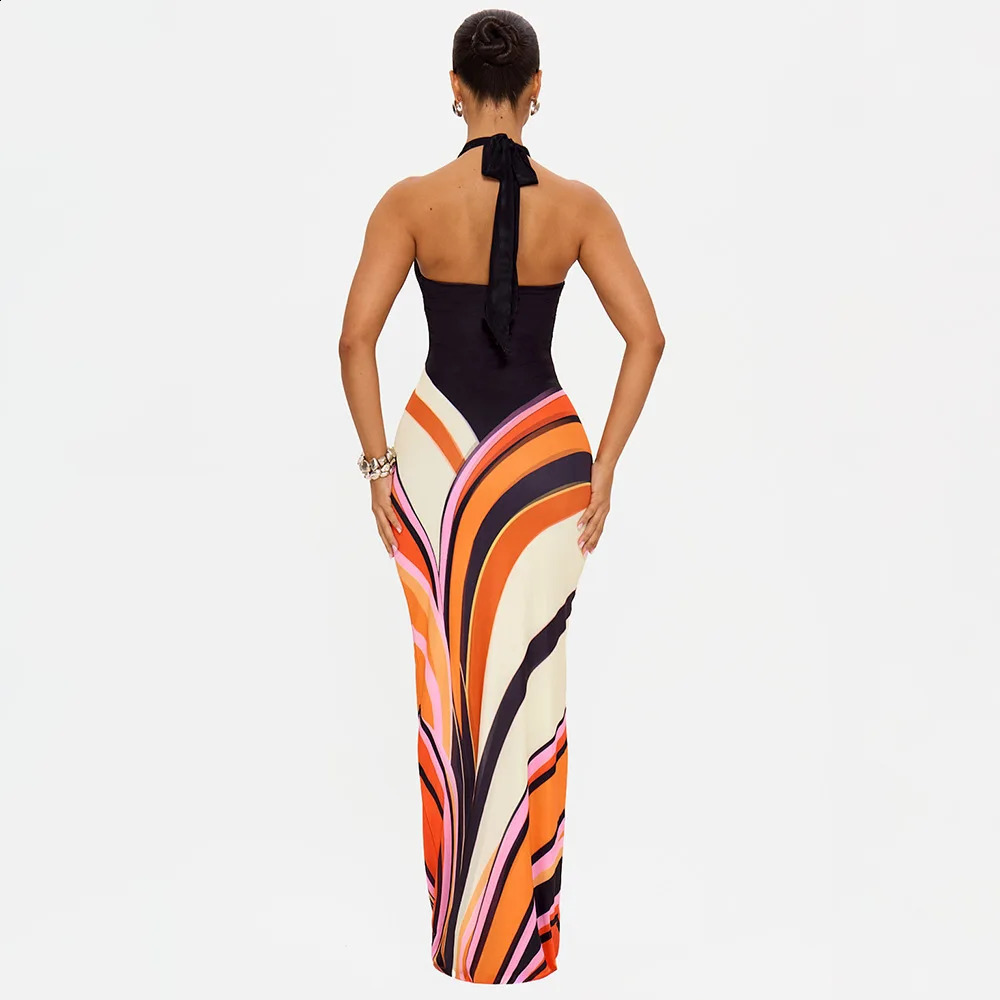 Chaxiaoa Bohemian Summer Vocation Dress Women 2026 Sleeveless Backless Sexy Bodycon Halter Dress Printed Long Maxi Dresses 260601 - view 5