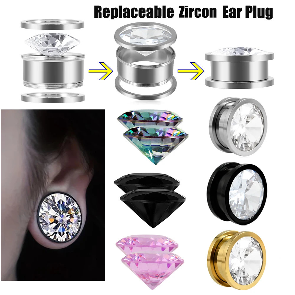1 Set of 4 Pairs Color Zircons and 1 Pair Ear Tunnels Ear Stretcher Gauge Plug Ear Lobe Expander Piercing Jewelry260528BJ