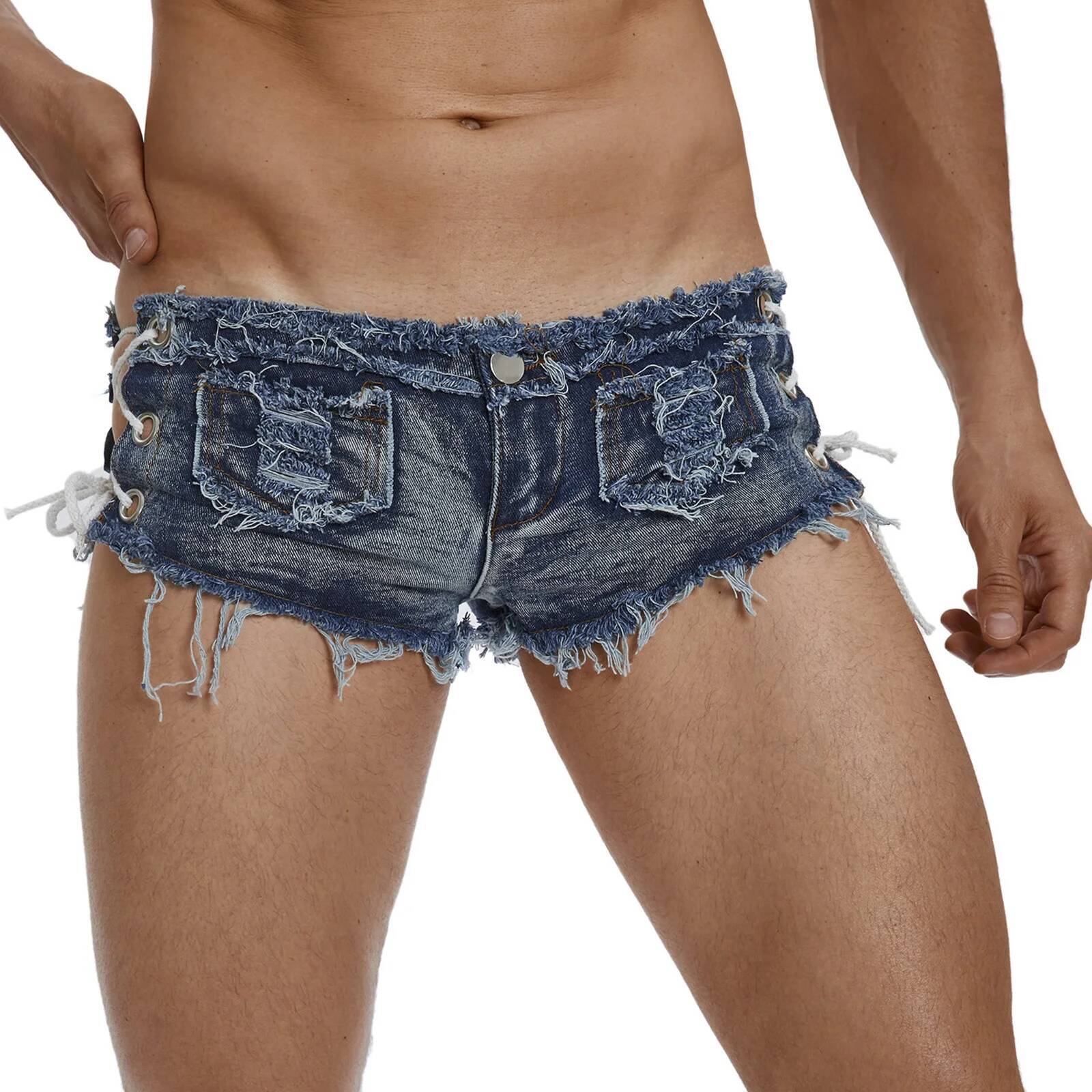 Men's Low Rise Extra Short Hot Pants Raw Edge Ripped Denim with Sides Lace-up Booty Jeans Shorts for Rave Party Clubwear dongdumaoyi - view 5