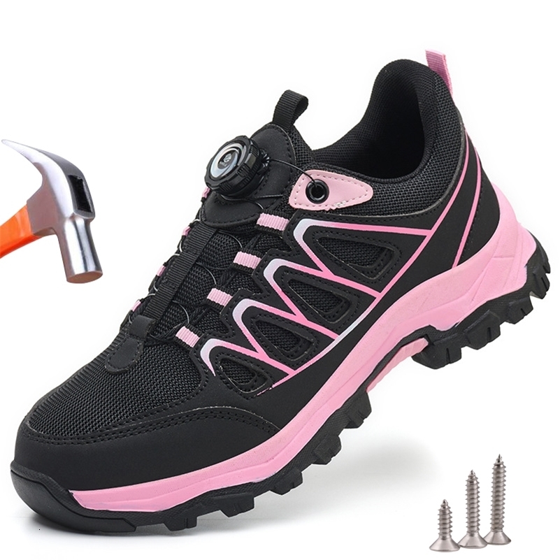 Work Safety Shoes Women Steel Toe Work Sneakers Rotating button Breathable Non-slip Puncture-Proof Protection Pink Safety Boots 260601