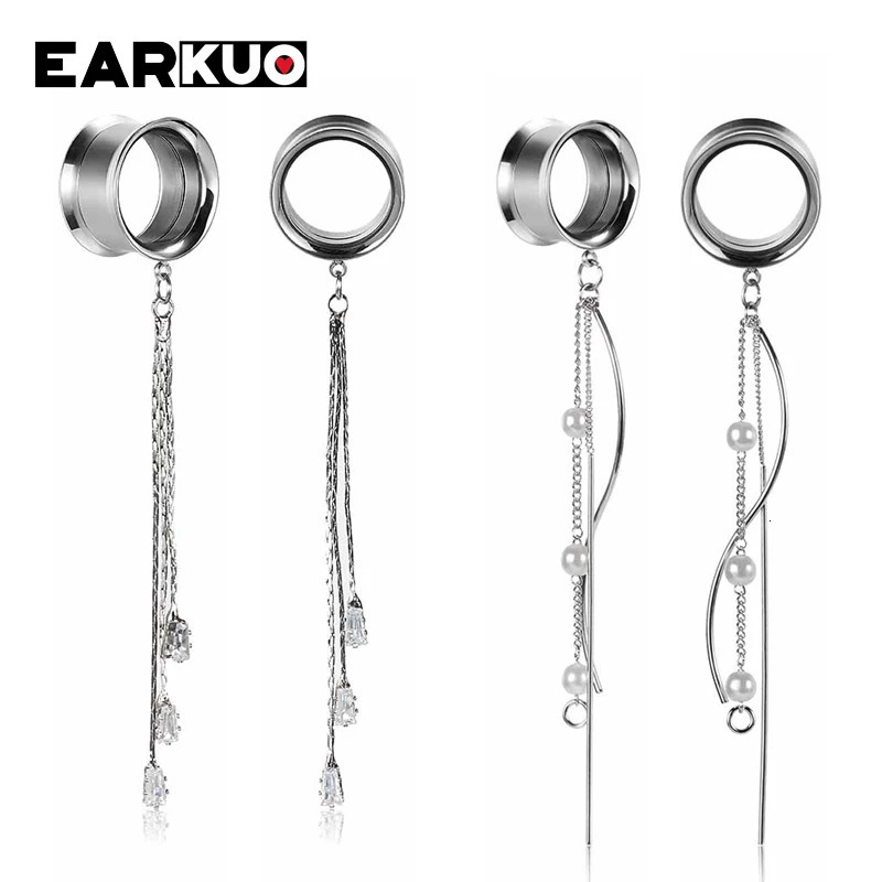 EARKUO Stainless Steel Square Bar Chains Dangle Ear Plugs Piercing Gauges Tunnels Body Jewelry Earring Stretchers 2PCS260528BJ - view 3