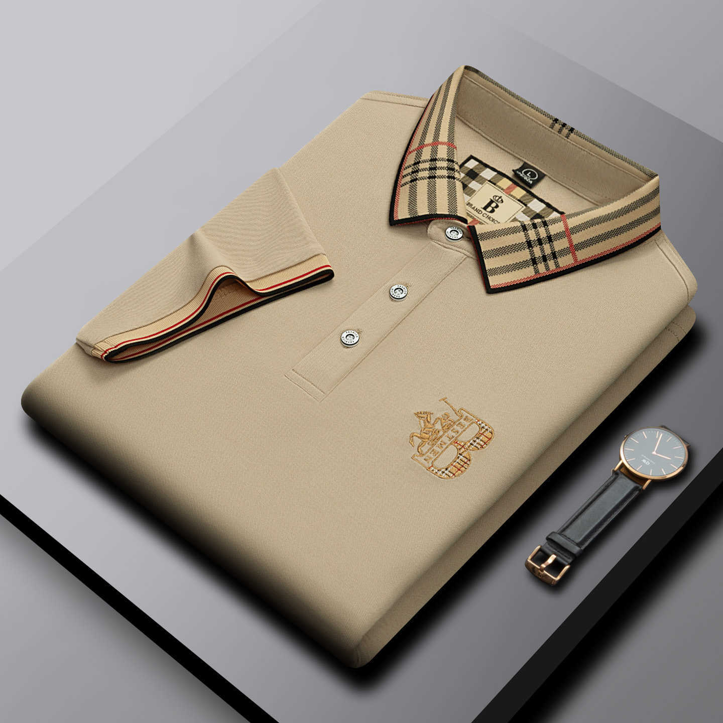Woodpecker Summer Men's POLO Shirt Plaid Turn-down Collar Loose Fit Plus Size Business Casual Dad's Short Sleeve T-shirt