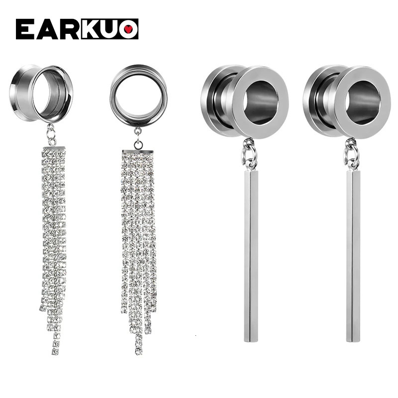 EARKUO Stainless Steel Square Bar Chains Dangle Ear Plugs Piercing Gauges Tunnels Body Jewelry Earring Stretchers 2PCS260528BJ - view 4