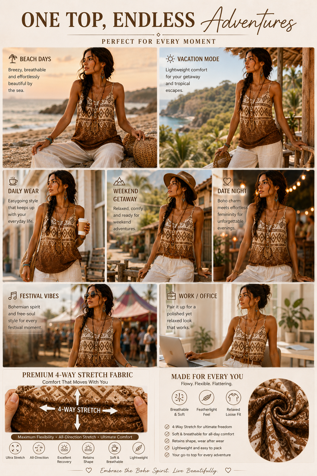 Women's Bohemian Tribal Print Tank Top Premium 4-Way Stretch Fabric, Sleeveless Spaghetti Strap Cami, Loose Fit Lightweight Summer Vacation Blous