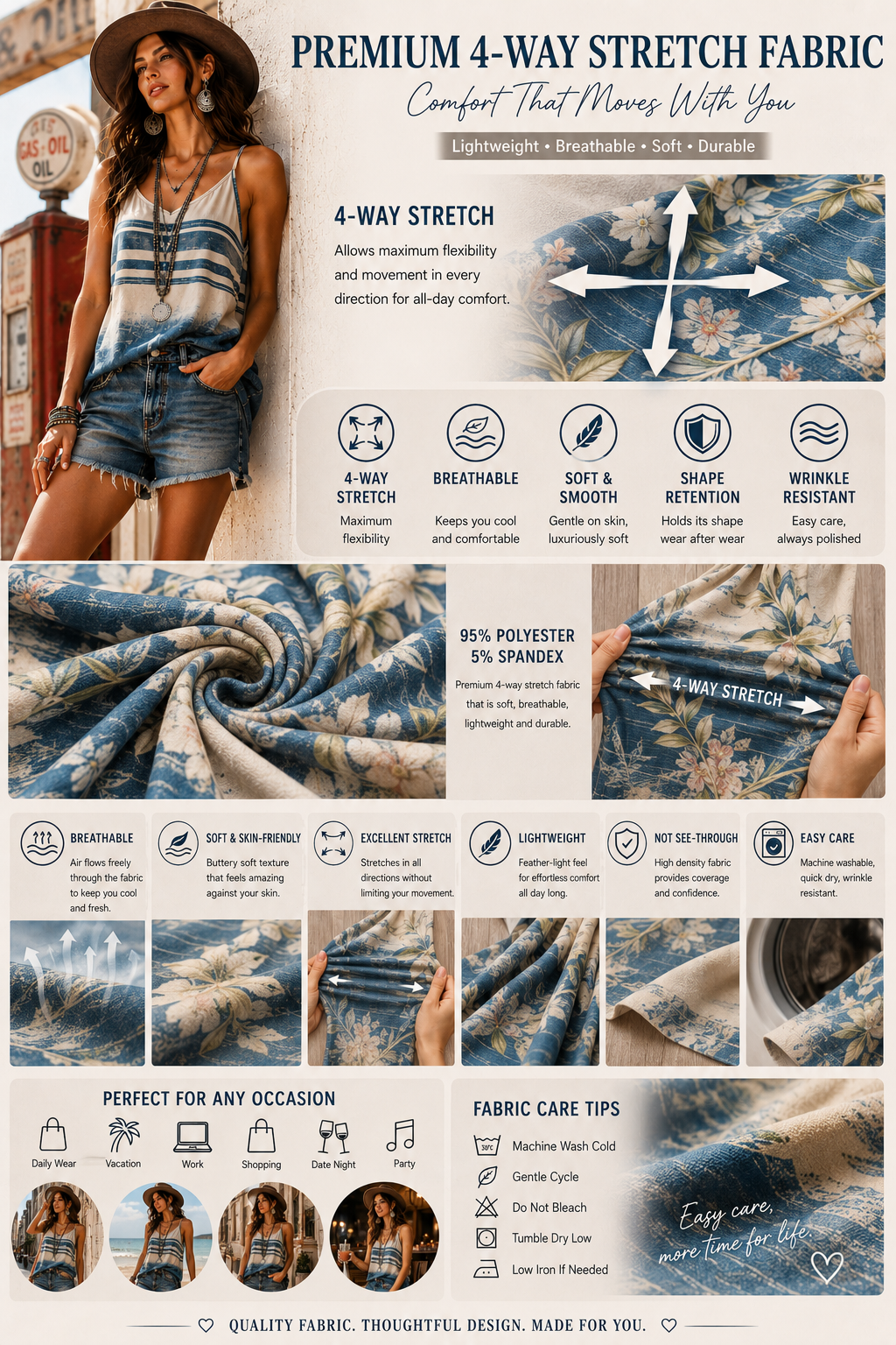 Women's Vintage Denim Stripe Tank Top-4-Way Stretch Sleeveless Cami, Loose Fit Casual Summer Blouse, Lightweight Breathable Boho Streetwear
