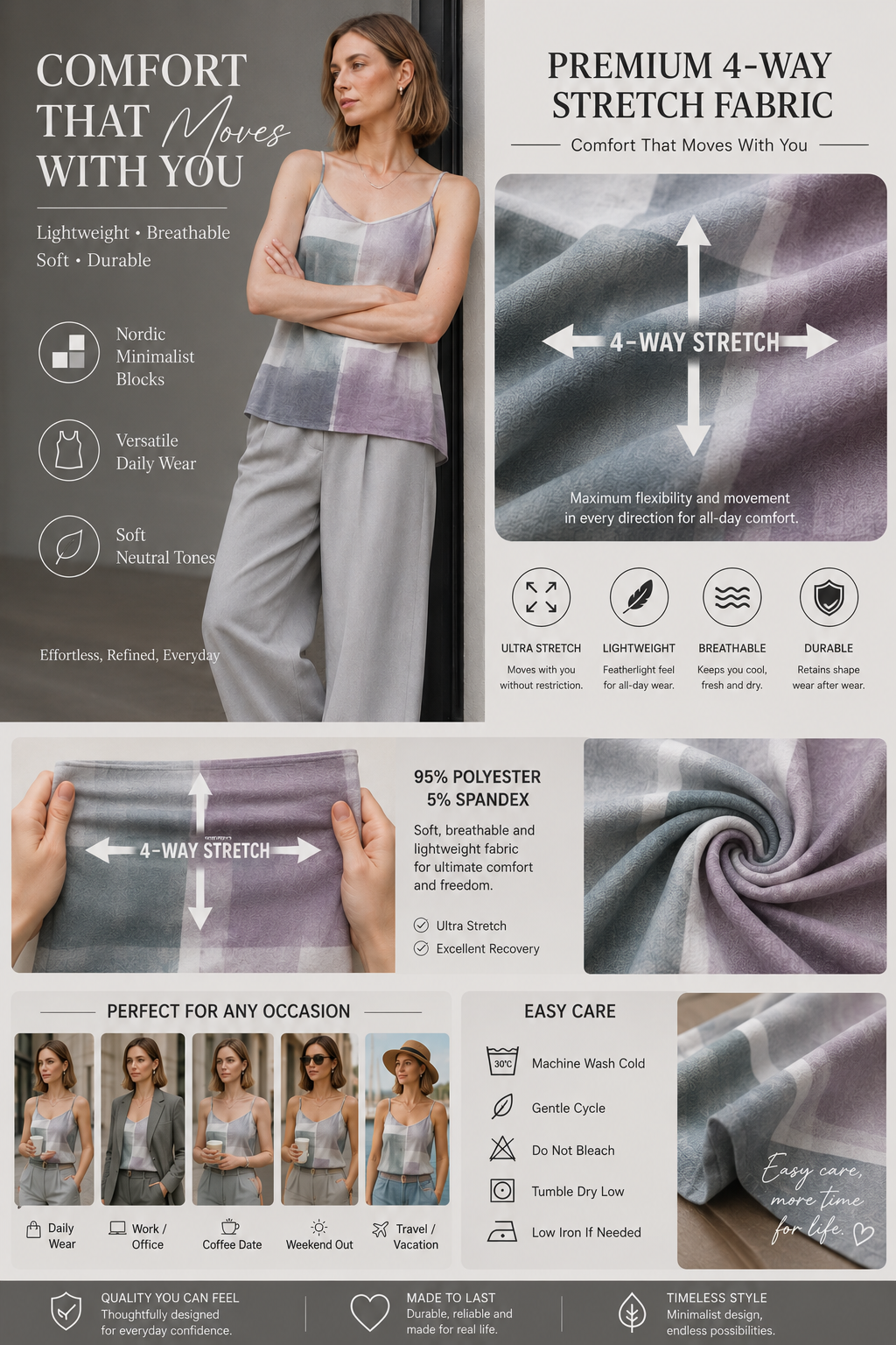 Women's Nordic Minimalist Color Block Tank Top Premium 4-Way Stretch Fabric, Sleeveless Spaghetti Strap Cami, Lightweight Breathable Summer Blous
