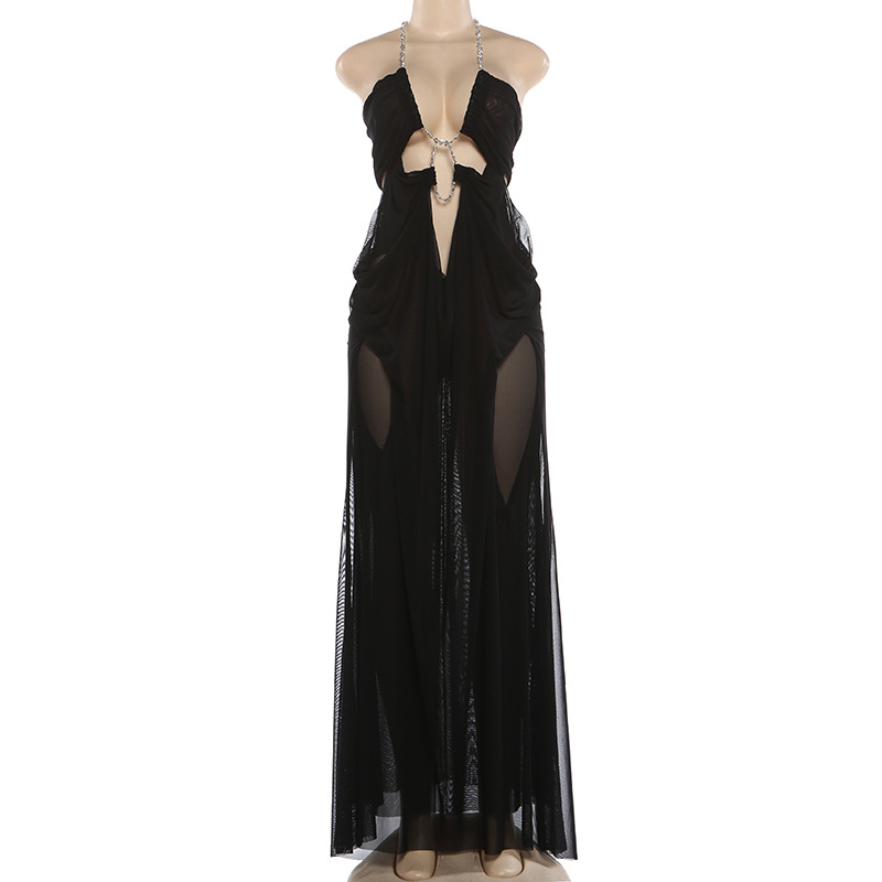 Casual Dresses Sexy See Through Dress Women Halter Chain Backless Irregular Ruched Patchwork Vacation Birthday Party Clubwear