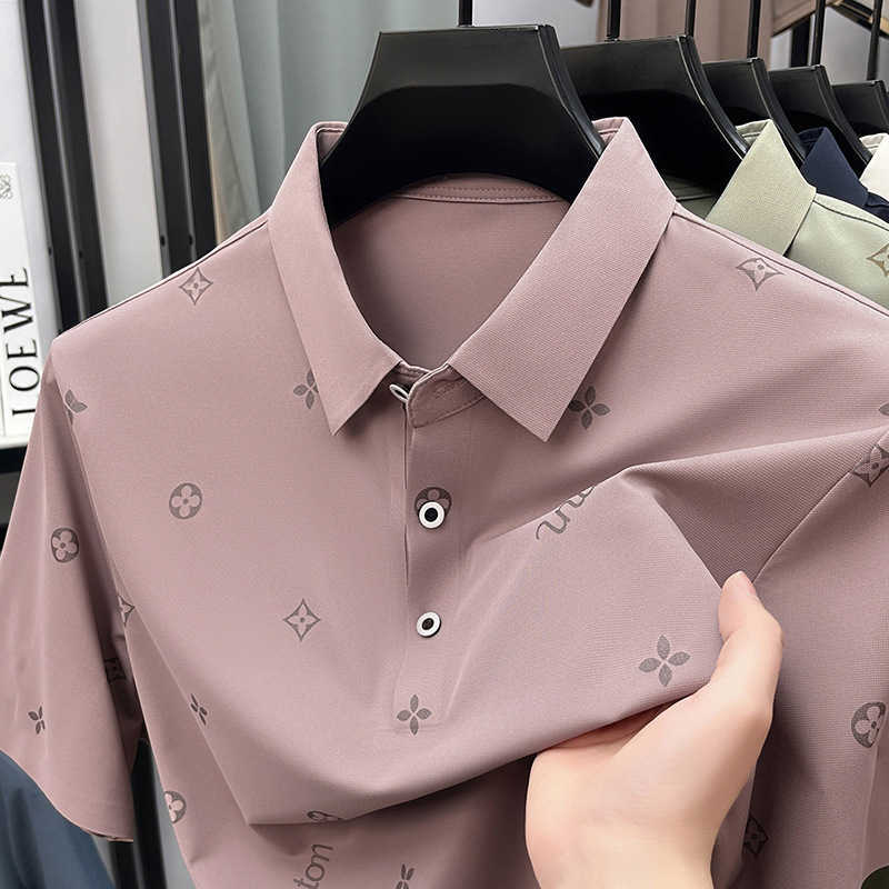 Summer new men's ice silk short-sleeve polo shirt with high-quality collar business casual print and seamless T-shirt for men