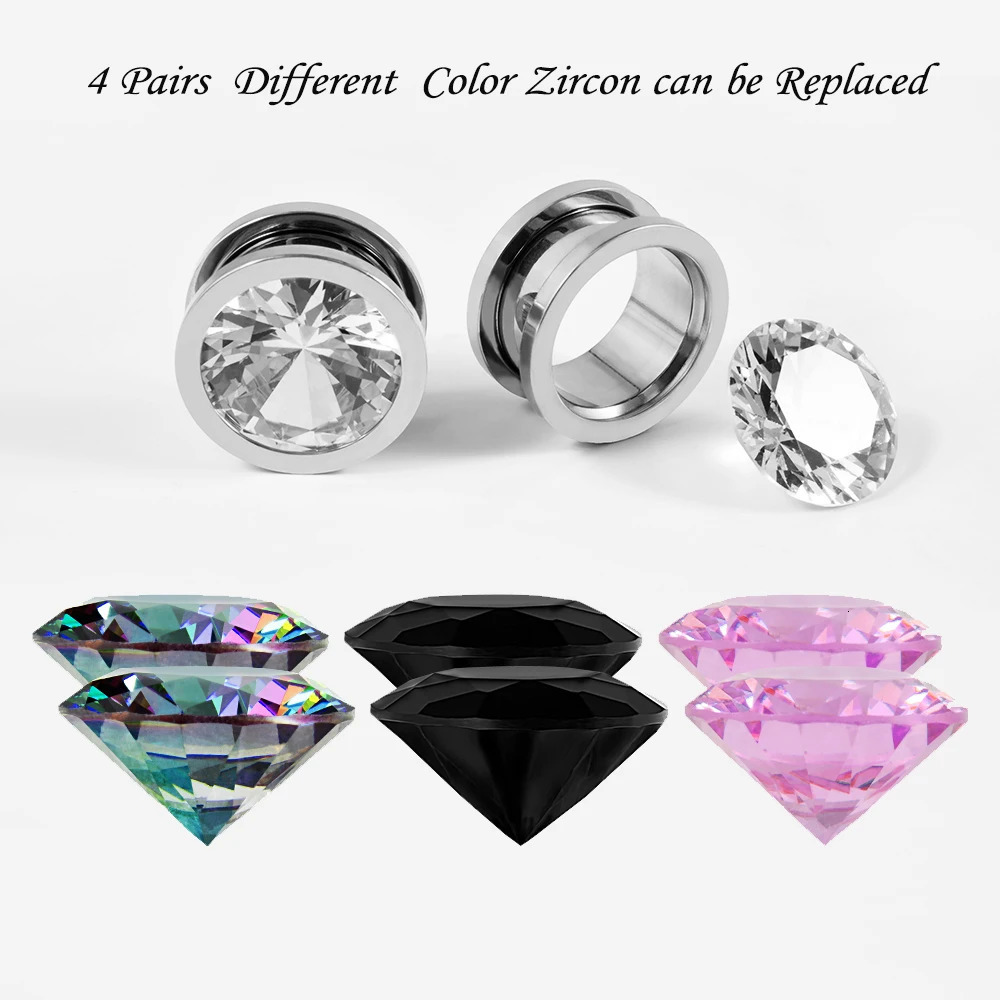 1 Set of 4 Pairs Color Zircons and 1 Pair Ear Tunnels Ear Stretcher Gauge Plug Ear Lobe Expander Piercing Jewelry260528BJ - view 4