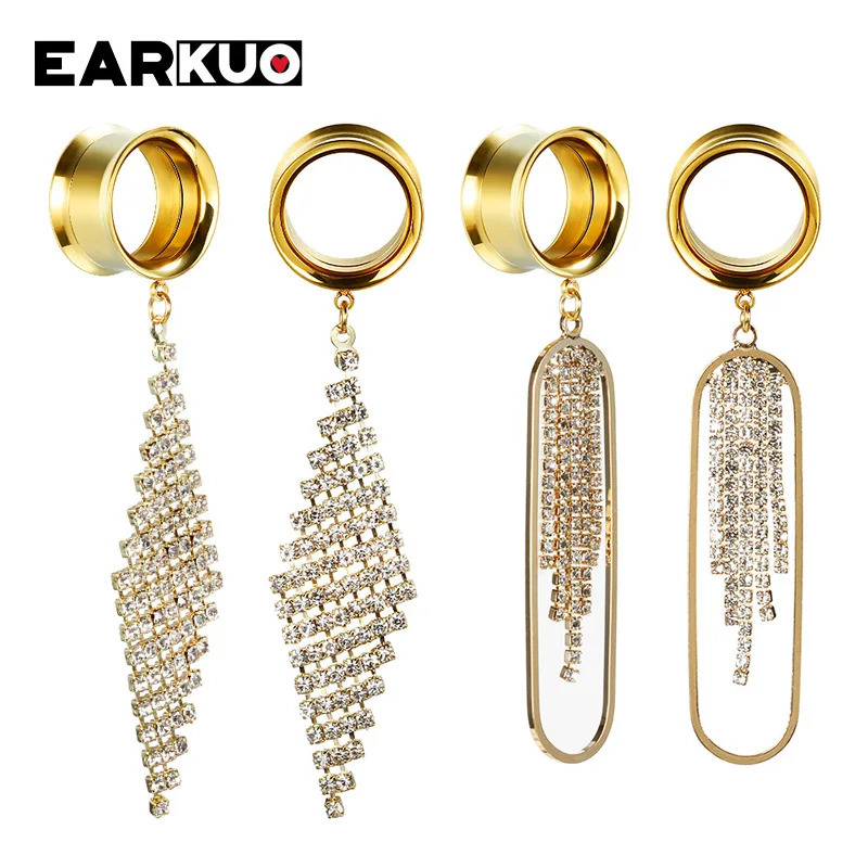 EARKUO Stainless Steel Square Bar Chains Dangle Ear Plugs Piercing Gauges Tunnels Body Jewelry Earring Stretchers 2PCS260528BJ - view 5