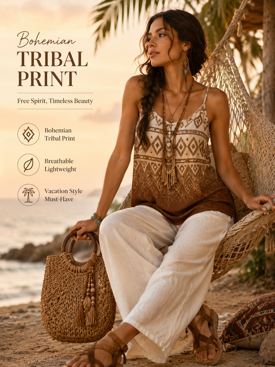 Women's Bohemian Tribal Print Tank Top Premium 4-Way Stretch Fabric, Sleeveless Spaghetti Strap Cami, Loose Fit Lightweight Summer Vacation Blous