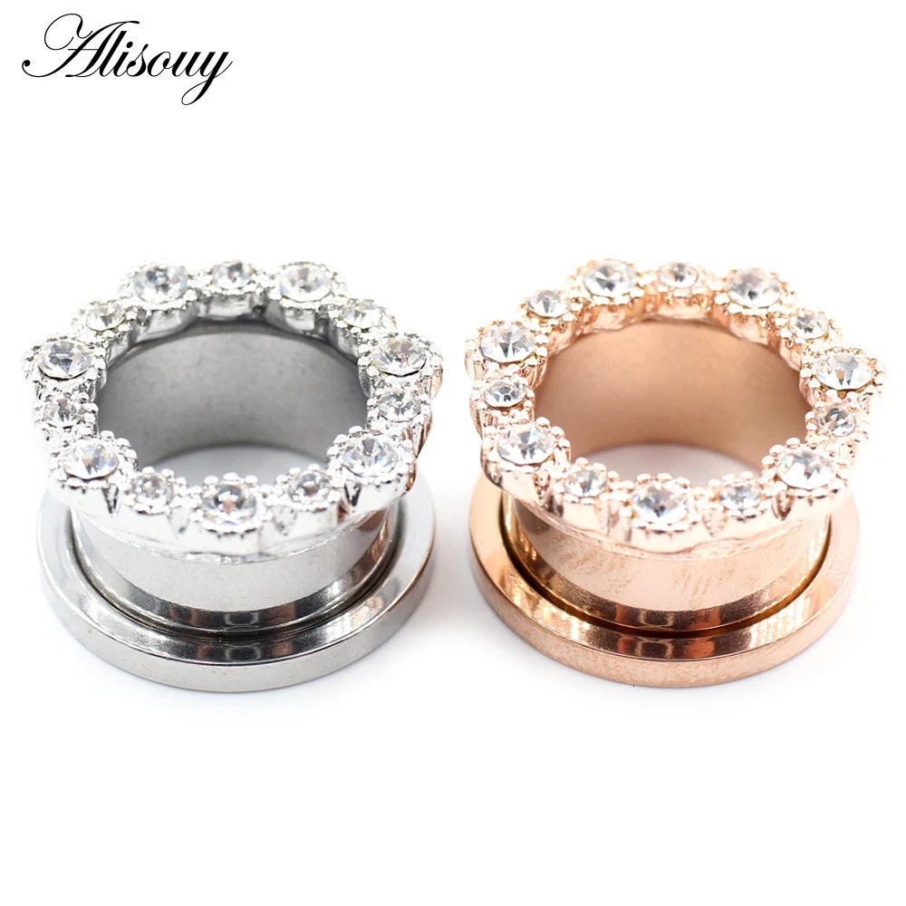 Alisouy 2pcs Stainless Steel Flower Zirconia Moon Star Clock Heart Screw Ear Tunnels Plugs Expander Gauges Body Piercing Jewelry260528BJ - view 3