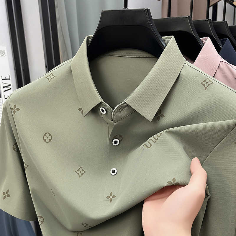 Summer new men's ice silk short-sleeve polo shirt with high-quality collar business casual print and seamless T-shirt for men