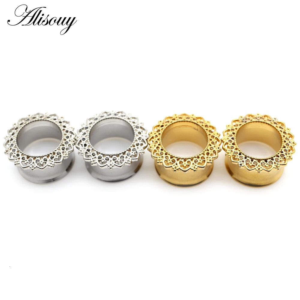 Alisouy 2pcs Copper Brass Stainless Steel Flower Ear Plugs Tunnel Expanders Stretcher Gauges Flesh Piercing Earring Body Jewelry260528BJ - view 6
