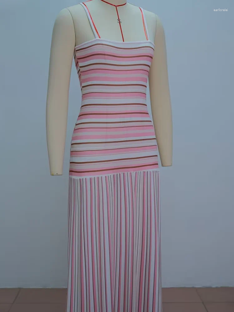 Casual Dresses Women Striped Knit Maxi Dress Spaghetti Strap Sleeveless Bodycon Pleated Hem Summer Chic Elegant Ribbed Gown