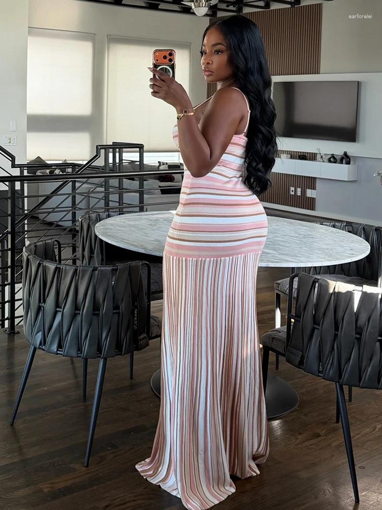Casual Dresses Women Striped Knit Maxi Dress Spaghetti Strap Sleeveless Bodycon Pleated Hem Summer Chic Elegant Ribbed Gown