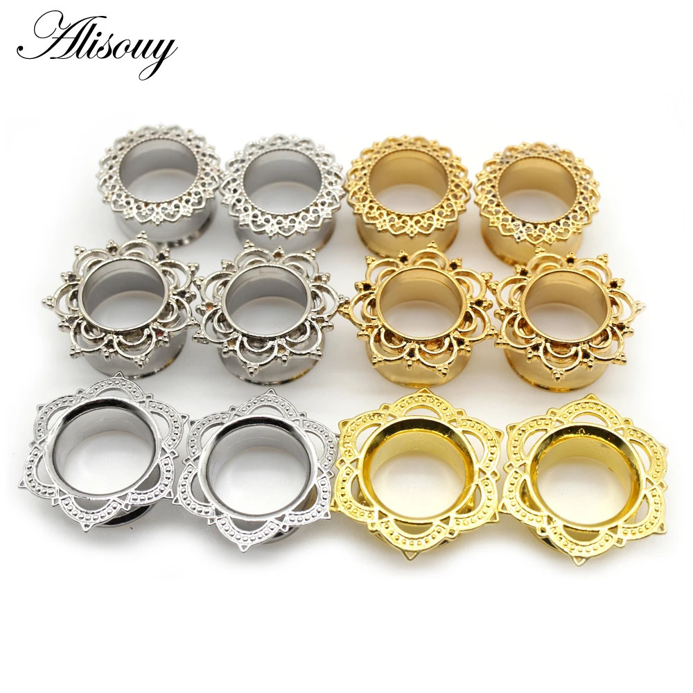 Alisouy 2pcs Copper Brass Stainless Steel Flower Ear Plugs Tunnel Expanders Stretcher Gauges Flesh Piercing Earring Body Jewelry260528BJ - view 3