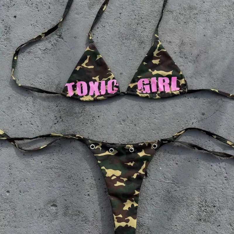 Womens Triangle Bikini Set Camouflage Print Sexy Y2K Micro Bikini Swimwear Summer Beach Vacation Party Bathing Suit For Female 260622CJ - view 6