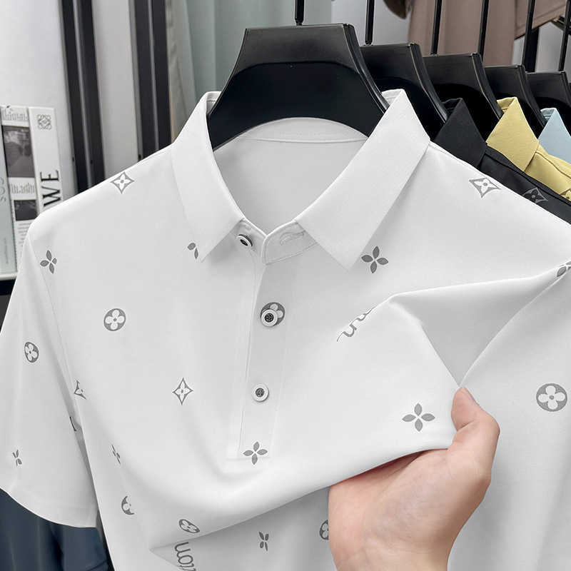Summer new men's ice silk short-sleeve polo shirt with high-quality collar business casual print and seamless T-shirt for men