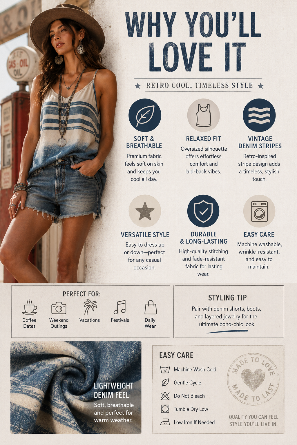 Women's Vintage Denim Stripe Tank Top-4-Way Stretch Sleeveless Cami, Loose Fit Casual Summer Blouse, Lightweight Breathable Boho Streetwear