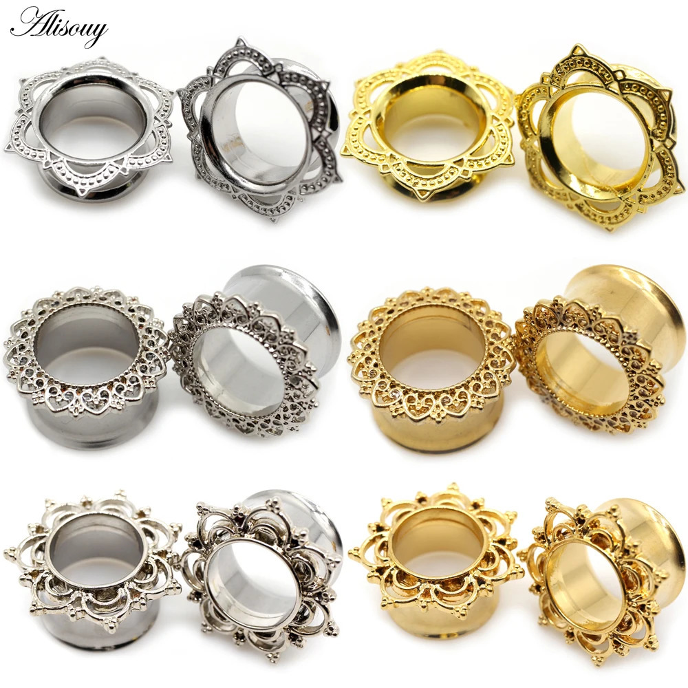 Alisouy 2pcs Copper Brass Stainless Steel Flower Ear Plugs Tunnel Expanders Stretcher Gauges Flesh Piercing Earring Body Jewelry260528BJ
