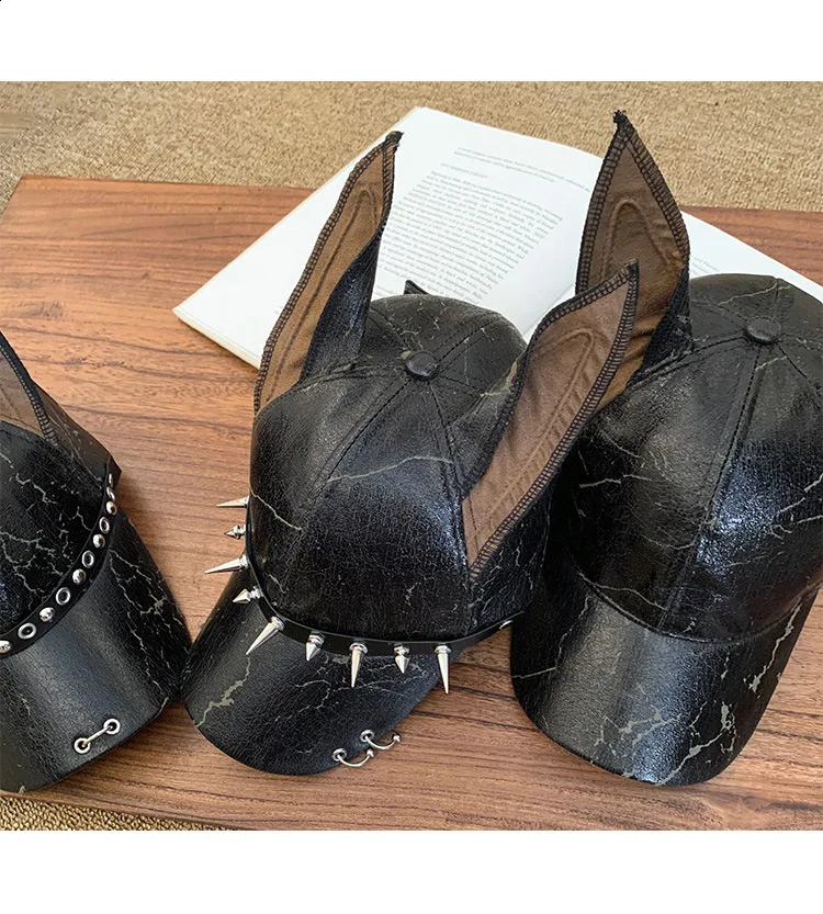 American Doberman Ear Leather Baseball Cap Y2K Punk Spiked Trucker Hat Edgy Aesthetic for Girls Boys Unique Trendy Headwear 260601 - view 3