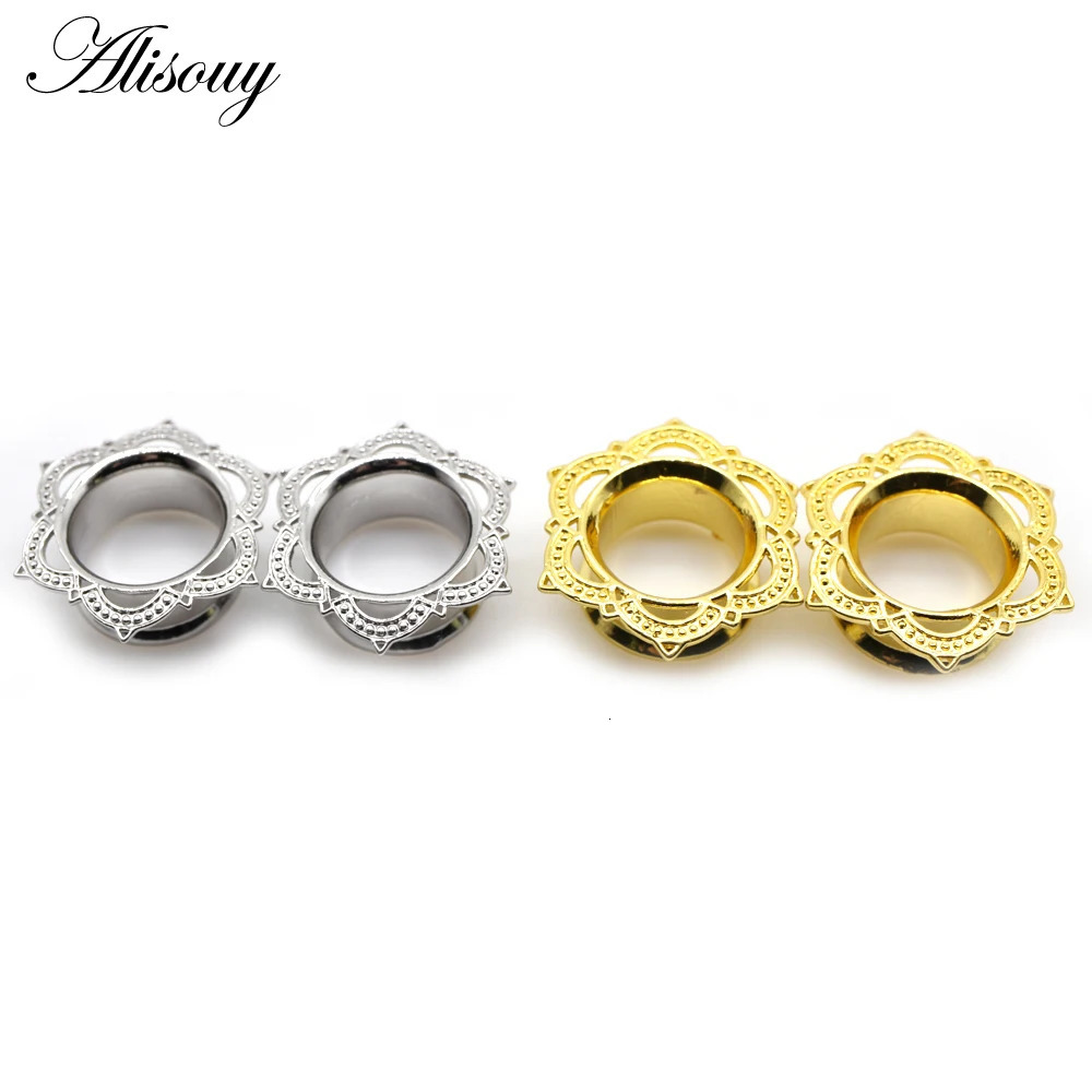 Alisouy 2pcs Copper Brass Stainless Steel Flower Ear Plugs Tunnel Expanders Stretcher Gauges Flesh Piercing Earring Body Jewelry260528BJ - view 5