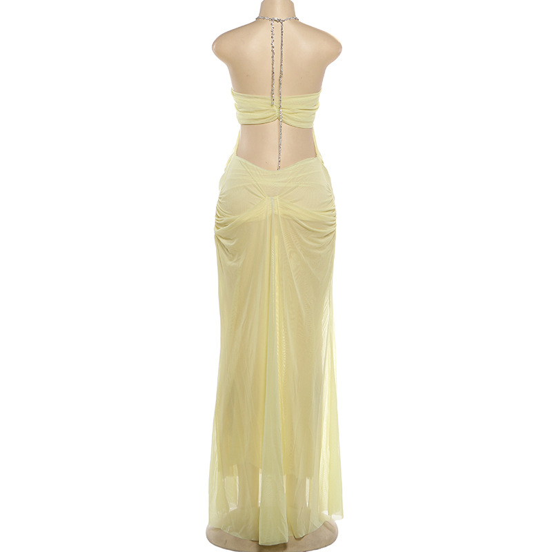 Casual Dresses Sexy See Through Dress Women Halter Chain Backless Irregular Ruched Patchwork Vacation Birthday Party Clubwear