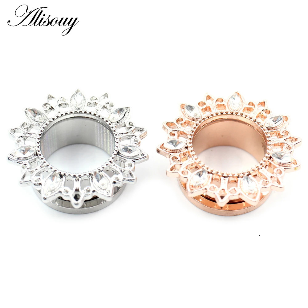 Alisouy 2pcs Stainless Steel Flower Zirconia Moon Star Clock Heart Screw Ear Tunnels Plugs Expander Gauges Body Piercing Jewelry260528BJ - view 4