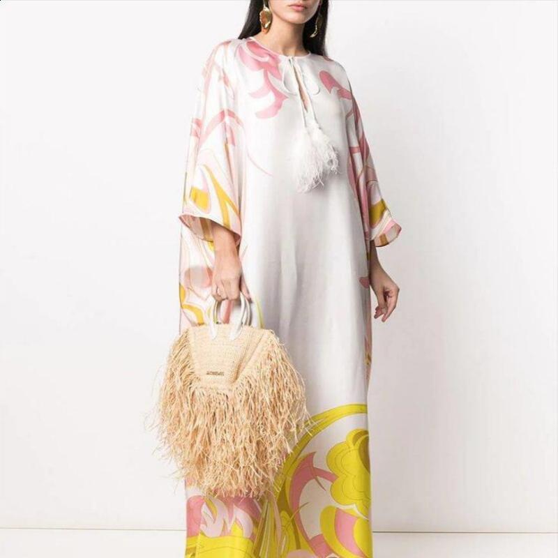 2024 Summer Womens Loose Casual Fashion Printed VNeck Long Dress Vacation Style 210615