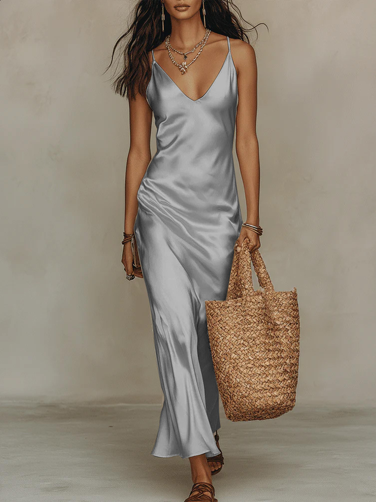 Summer Women Long Silk Spaghetti Strap Loose Split Sexy Maxi Satin Slip Dress 210415
