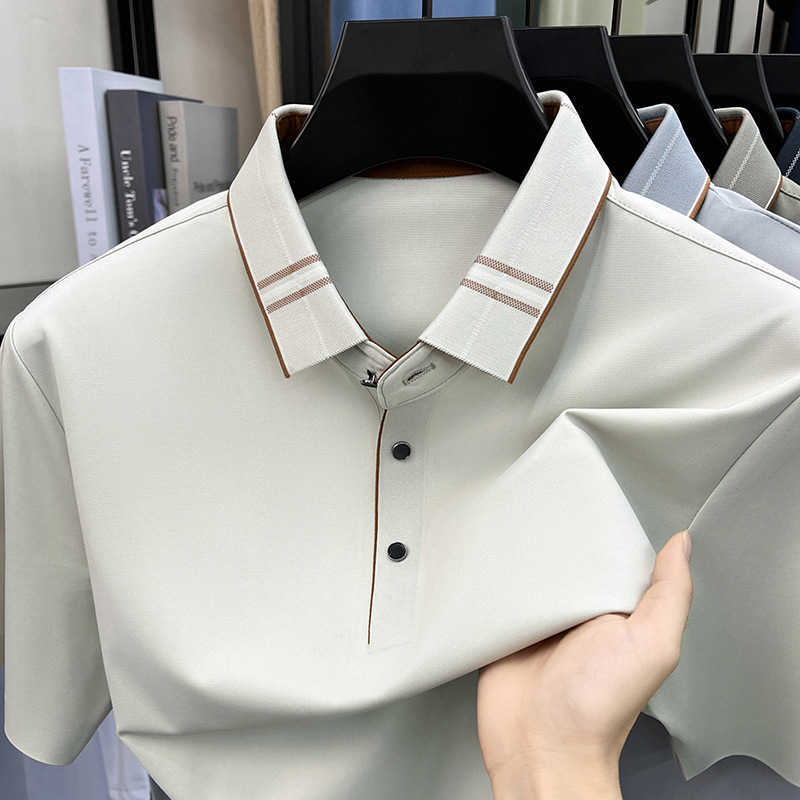 Summer seamless short-sleeve T-shirt new style with mulberry silk collared casual and trendy fashion polo shirt for middle-aged men
