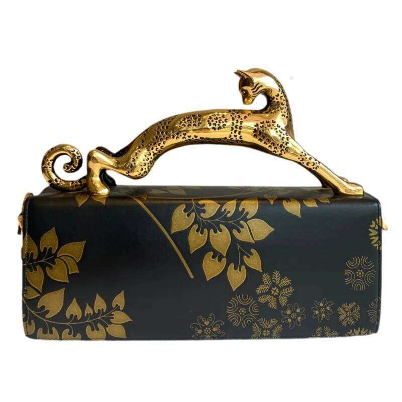 Luxury Pencil Cat Top Handle Women New Gold Leaf Embossed Box Shape Shoulder Bag Fashion Chic Designer Evening Clutch Purse KABAHEBINGJUE - view 3