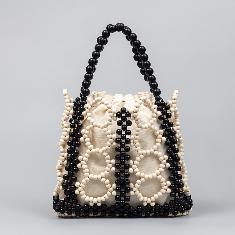 Fashion Wooden Beading Women Handbags er Hollow Small Tote Lady Handbags Summer Beach Bag Bali Shopper Purses 240907
