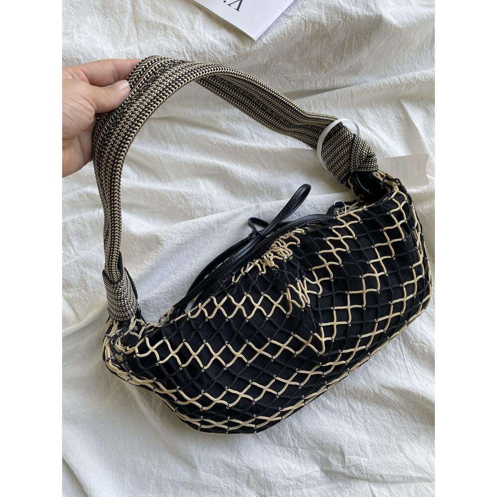 Women Woven Crossbody Bag Cowhorn Design Contrast Colors Large Capacity Fisherman Mesh Shoulder Handbag Casual Style SENYY