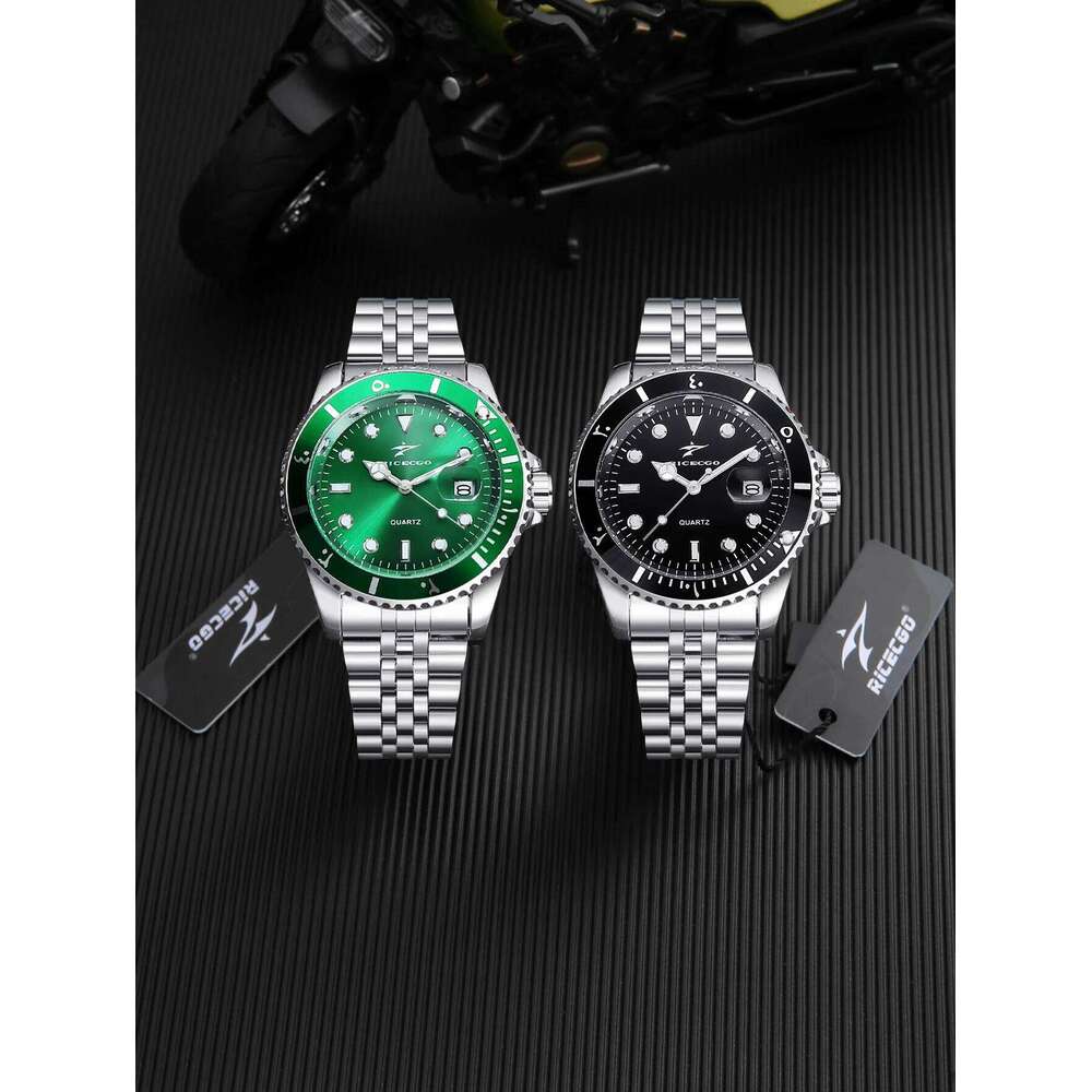 RICECGO Steel Strip Quartz Night Light Hands Sports and Leisure Black Green Disc Calendar Men's Watch 26L0603