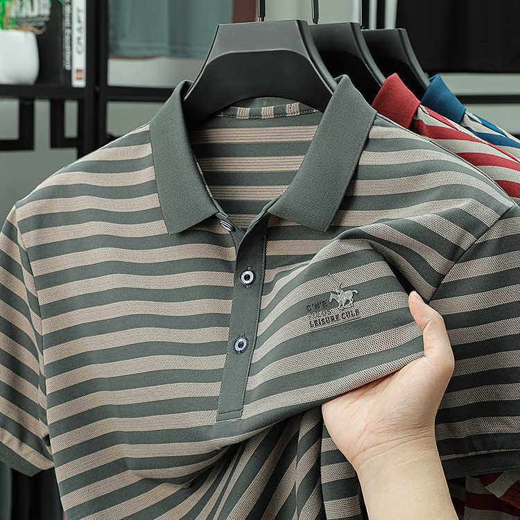 T-shirt Striped POLO Mercerized Cotton Short Sleeve Shirt Turn-down Collar Casual Versatile Business Mens Top
