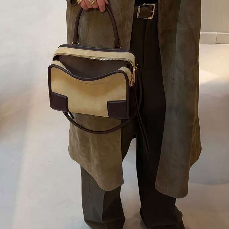 Women Genuine Leather Bowling Bag Suede Patchwork Crossbody Large Capacity Handbag Versatile For Daily Use SENYY