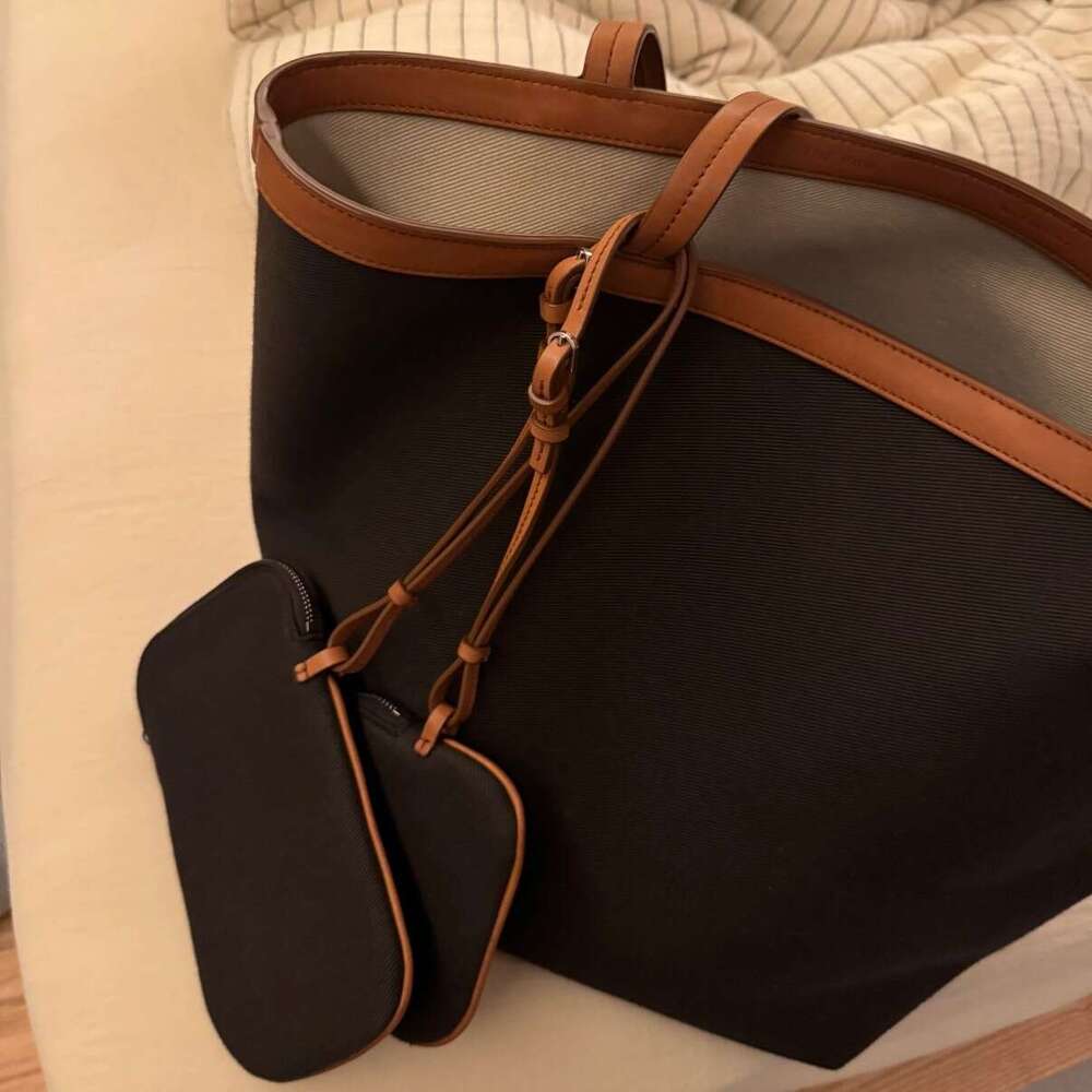 Women Canvas Tote Handbag Large Capacity Top Layer Cowhide Double Sided Commuter Shoulder Crossbody Bag SENYY