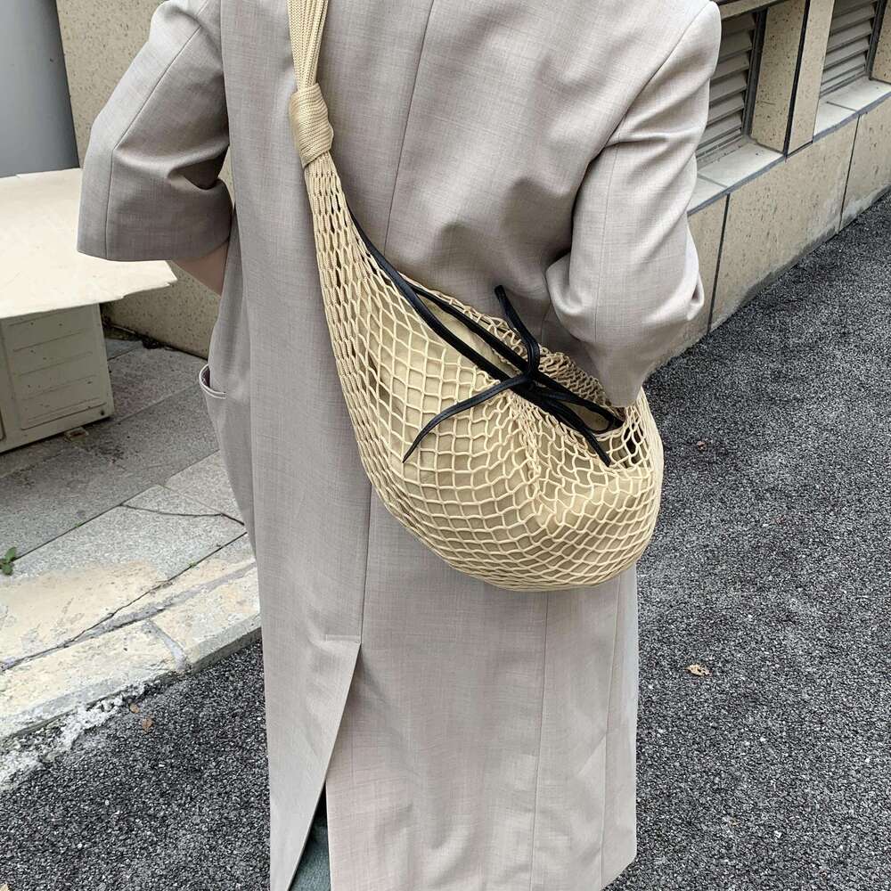 Women Woven Crossbody Bag Cowhorn Design Contrast Colors Large Capacity Fisherman Mesh Shoulder Handbag Casual Style SENYY