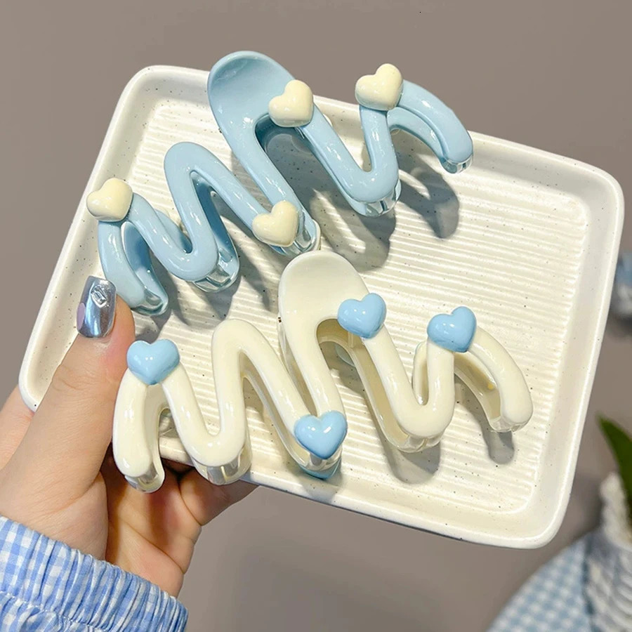 Blue Heart Wave Shaped Hair Claw Cream Color Clips for Women Sweet Cute Irregular Shark Clip Large Ponytail Clip Hairpins 105CM260528BJ - view 3