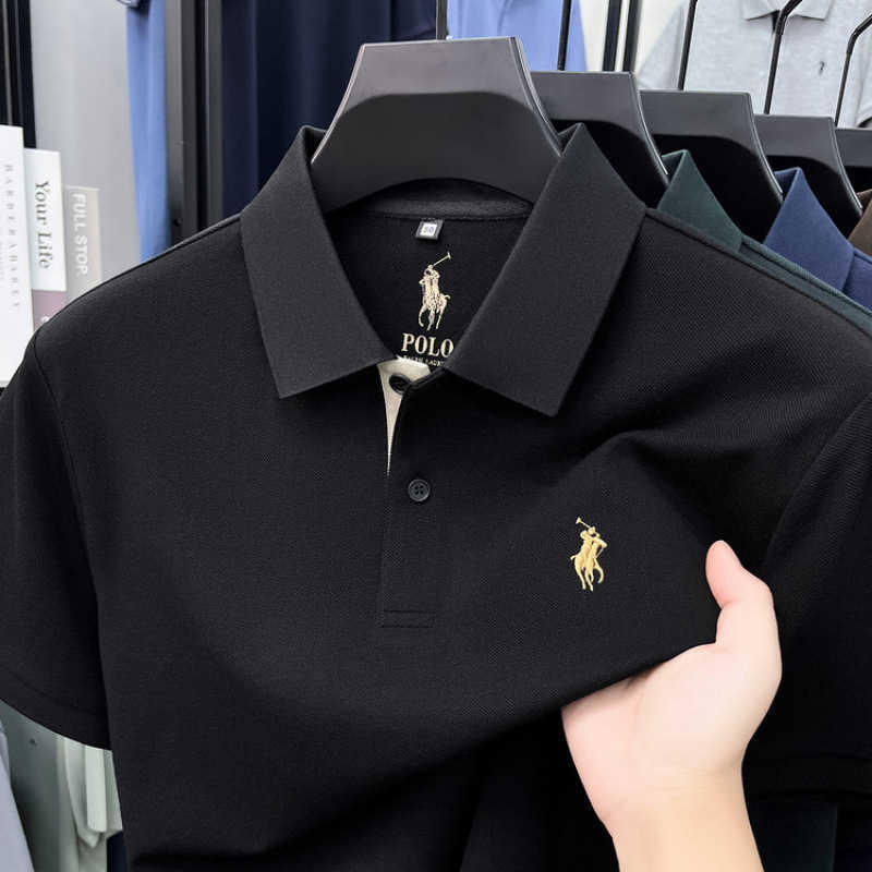 Silk Modal CottonMens Summer Turn-down Collar Polo Shirt with Pony Logo Casual Short Sleeve T-shirt