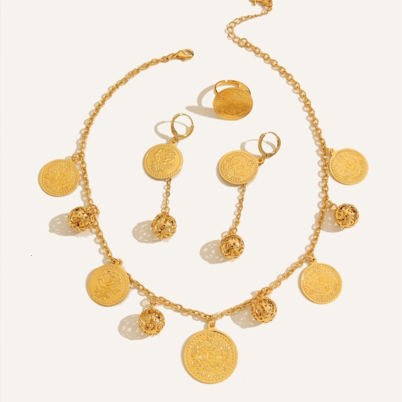 Xinjiang coin jewelry set gold coin accessories color-retaining tassel three-piece set rose flower print gold-plated jewelry240125bj