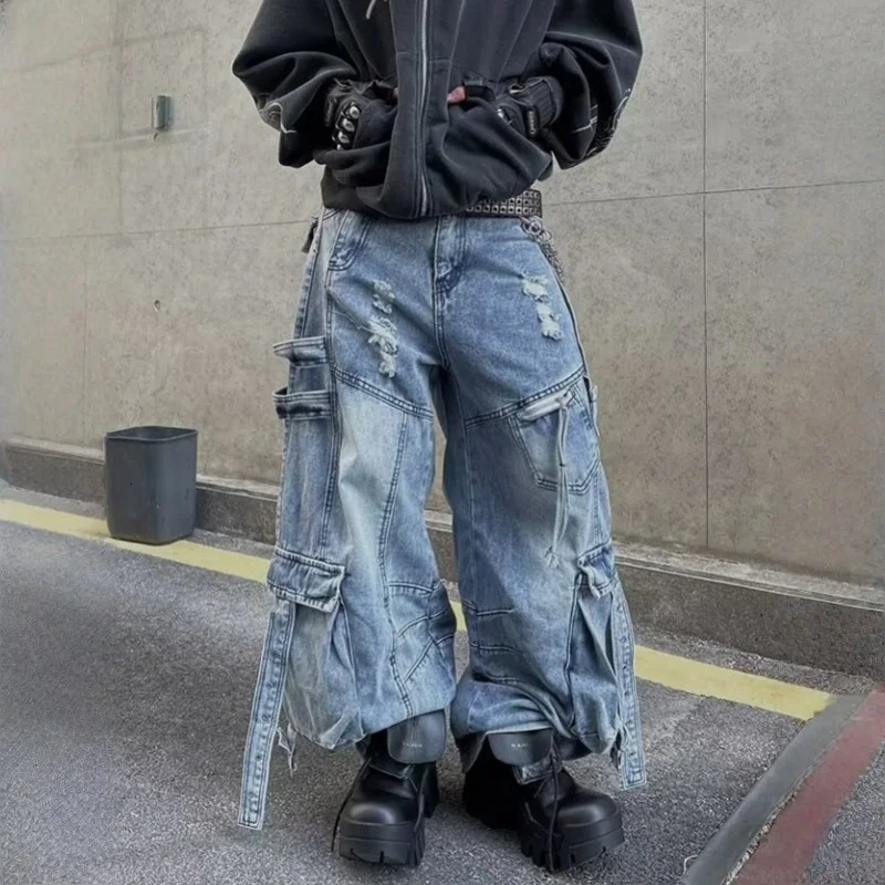 Cyber Y2K Streetwear Washed Blue Baggy Ripped Cargo Jeans Pants For Men Clothing Wide Leg Vintage Loose Punk Denim Trousers 260618CJ - view 4